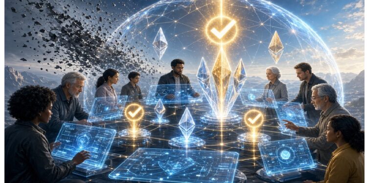 Grupo reunido alrededor de mesa circular interactuando con hologramas geométricos bajo una cúpula luminosa, con haz vertical de energía y paisaje montañoso al fondo que evoca colaboración tecnológica.