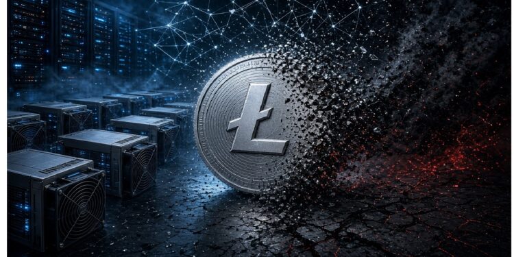 Moneda metálica de Litecoin centrada entre servidores azules, con su lado derecho desintegrándose en partículas rojas y red de nodos conectados brillando sobre la escena.