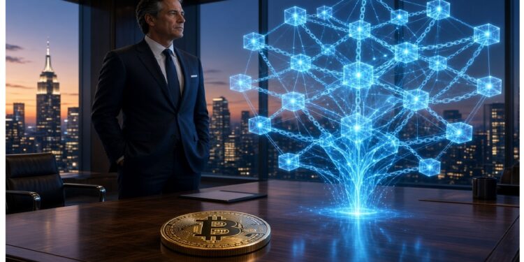 Persona de traje en oficina con ventanales al atardecer, frente a moneda física de Bitcoin y holograma azul de cubos conectados que forma estructura tipo red blockchain.