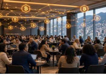 Sala de conferencias con personas en mesas redondas mientras símbolos brillantes de Bitcoin conectados por líneas flotan sobre ellos, con ventanales hacia ciudad y montañas al fondo.
