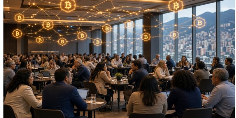 Sala de conferencias con personas en mesas redondas mientras símbolos brillantes de Bitcoin conectados por líneas flotan sobre ellos, con ventanales hacia ciudad y montañas al fondo.