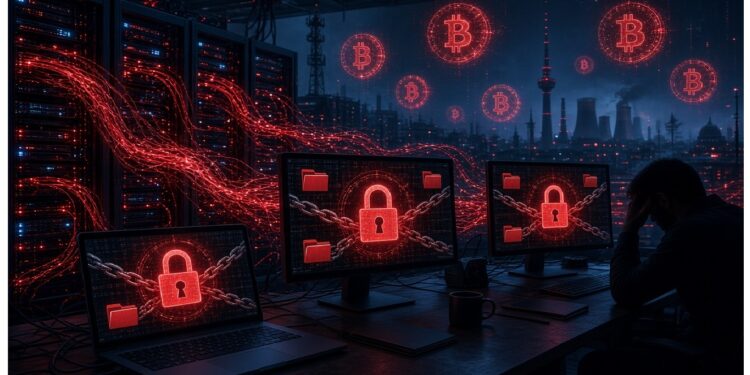 Persona frente a múltiples monitores con candados rojos y cadenas, rodeada de líneas digitales y símbolos de Bitcoin sobre ciudad futurista, evocando ciberseguridad y riesgo en criptomonedas.