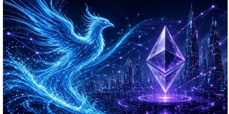 Fénix digital azul ascendiendo junto a logo transparente de Ethereum sobre plataforma luminosa, con ciudad futurista conectada por líneas brillantes al fondo.