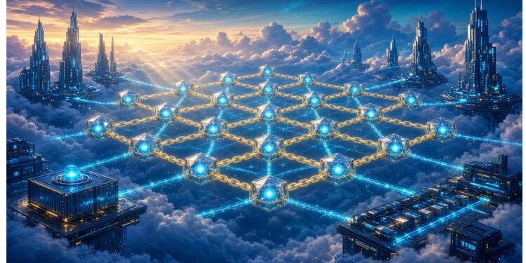 Ciudad futurista flotando sobre nubes con red de cubos luminosos azules conectados por líneas de energía, rodeada de torres brillantes bajo cielo de atardecer dorado‑azul.