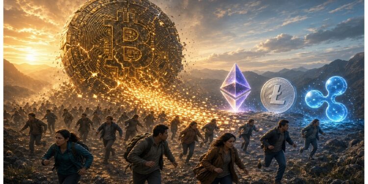 Gran esfera dorada con símbolo Bitcoin rodando por terreno rocoso al atardecer mientras personas huyen, con íconos luminosos de Ethereum, Litecoin y Ripple flotando en el fondo.