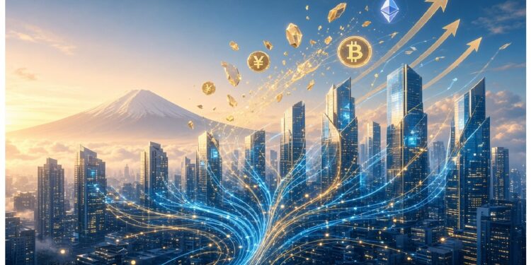 Ciudad futurista con rascacielos iluminados y líneas digitales azules, mientras íconos dorados de Bitcoin, Ethereum y Yen ascienden frente a una montaña nevada, evocando crecimiento financiero tecnológico.