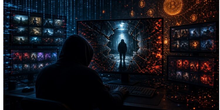 Persona con sudadera frente a múltiples monitores en entorno oscuro; pantalla central muestra figura en pasillo con patrones rojos fragmentados, rodeada de imágenes de vigilancia, código vertical y símbolos de Bitcoin.