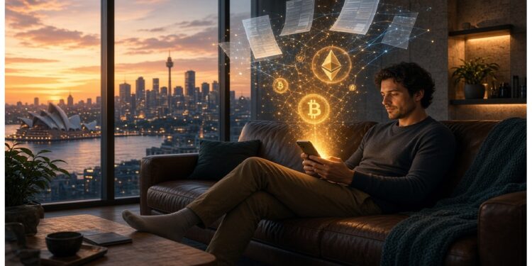 Persona sentada en sofá con tablet mientras hologramas de Bitcoin, Ethereum y documentos digitales flotan sobre la pantalla, en sala moderna con ventanales hacia ciudad al atardecer.