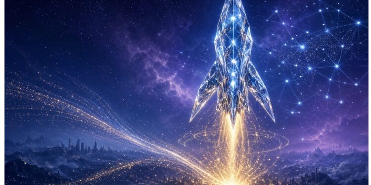 Cohete luminoso de estructura cristalina ascendiendo al cielo estrellado, con estela dorada sobre paisaje urbano nocturno en tonos púrpura y azul que evoca tecnología y exploración futurista.