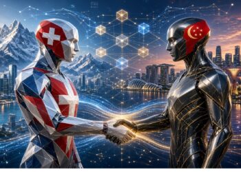 Dos robots con diseños de banderas de Suiza y China se dan la mano frente a paisaje con montañas nevadas y ciudad futurista, rodeados de nodos y líneas luminosas que evocan colaboración tecnológica.