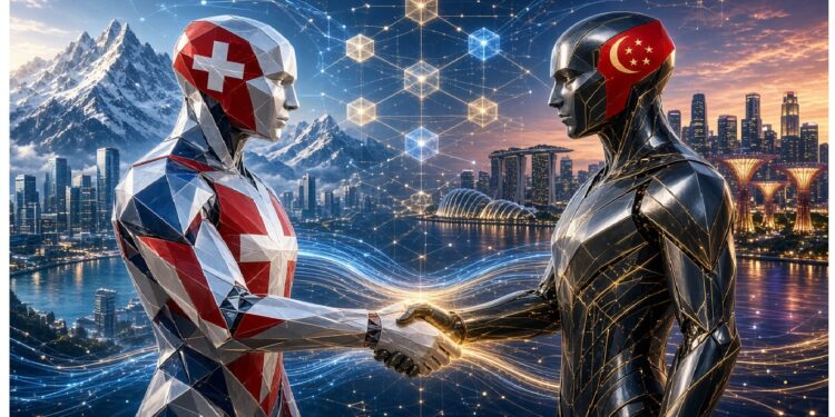 Dos robots con diseños de banderas de Suiza y China se dan la mano frente a paisaje con montañas nevadas y ciudad futurista, rodeados de nodos y líneas luminosas que evocan colaboración tecnológica.