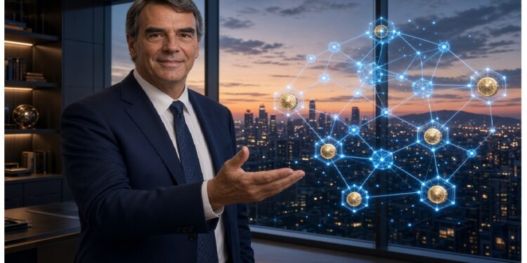 Persona con traje en oficina moderna al atardecer señala red holográfica de nodos dorados frente a ventanales con ciudad, evocando conectividad y tecnología digital.
