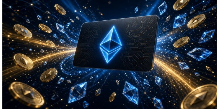 Tarjeta oscura con logo azul de Ethereum en centro rodeada de monedas doradas y símbolos cristalinos, sobre fondo dinámico con destellos y trazos de luz que evocan finanzas digitales.