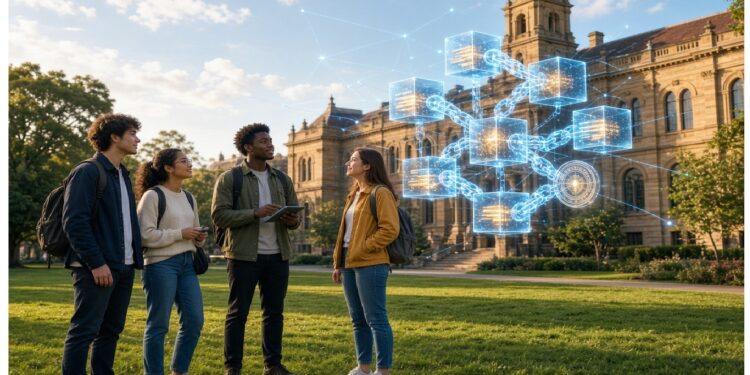 Cuatro personas conversan frente a edificio universitario clásico con torre y reloj, mientras un holograma de nodos y líneas digitales flota sobre ellos evocando conectividad y tecnología aplicada a la educación.