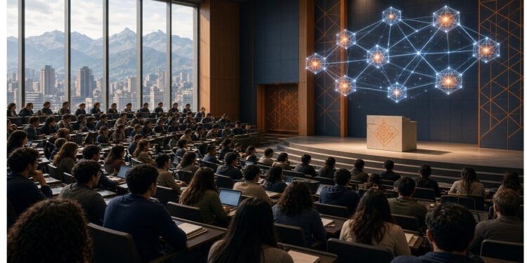 Salon de clases universitaria lleno de personas con imagen referente a blockchain en el podio.