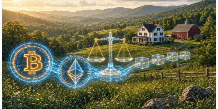 Paisaje rural con colinas verdes, granja y granero iluminados al atardecer, sobre los que flotan hologramas de Bitcoin, Ethereum, balanza y cadena de bloques que evocan tecnología financiera.
