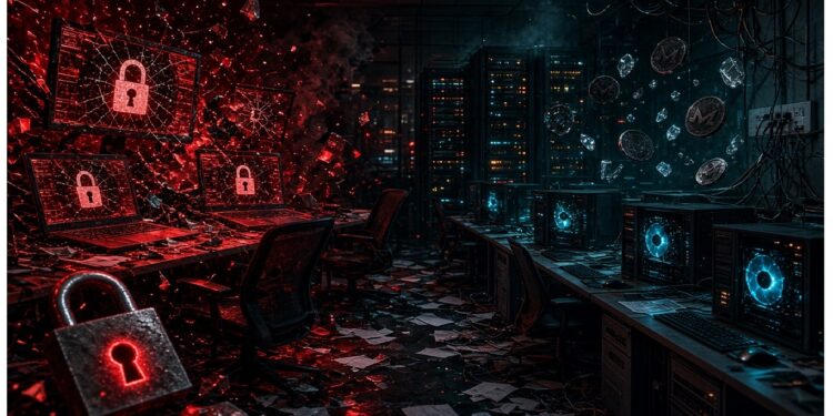 Sala de servidores dividida entre caos rojo con candados y pantallas rotas y zona azul estable con racks iluminados y fichas digitales flotando, simbolizando ataque y protección.
