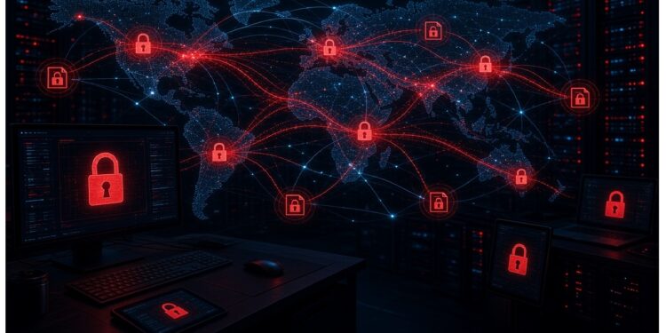 Mapa mundial digital con nodos conectados por líneas rojas y candados distribuidos entre continentes, mientras pantallas muestran alertas de seguridad y protección de redes.