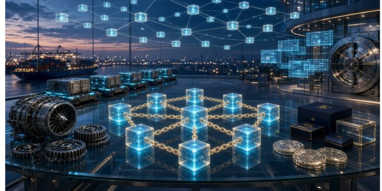 Cubos holográficos conectados y cadenas doradas sobre mesa con engranajes y monedas, frente a edificio acristalado al atardecer con vista urbana industrial.