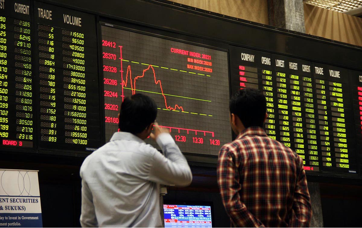 Px11-013
KARACHI: Feb11  Brokers look at digital screen during bearish trend at Karachi Stock Exchange.
ONLINE PHOTO by Sabir Mazhar