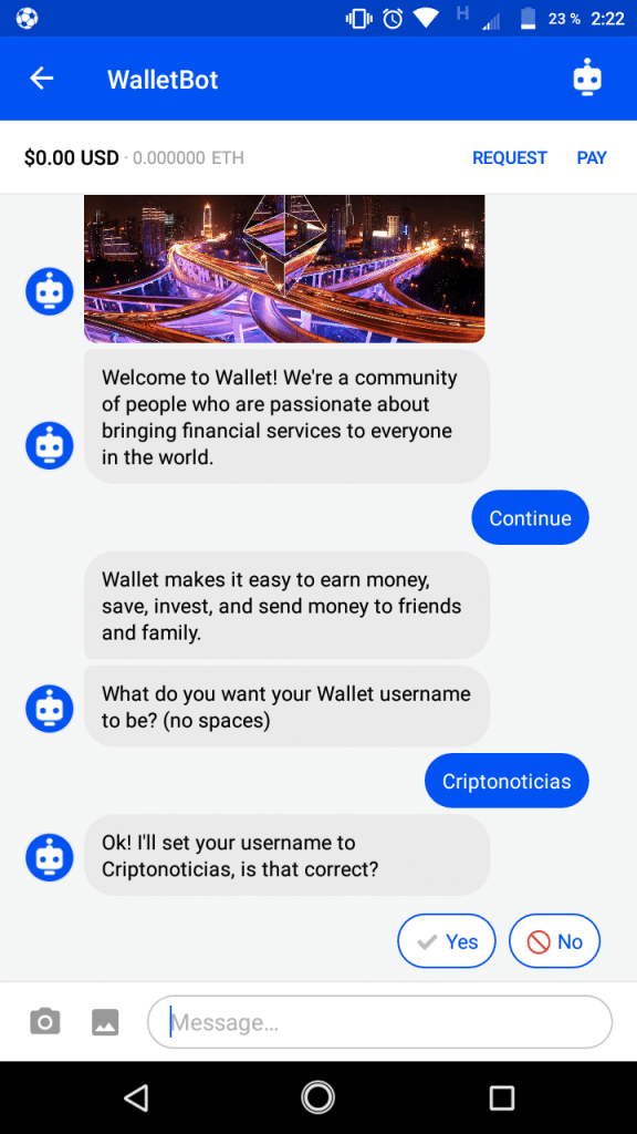 Un bot ayuda a crear un usuario en Coinbase Wallet