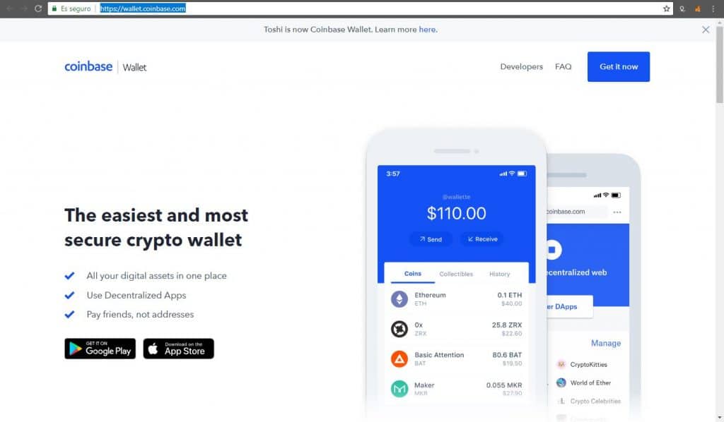 Sitio principal de Coinbase Wallet