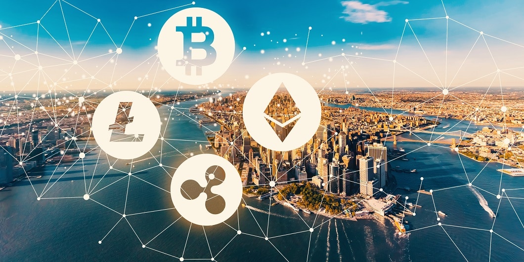 Cryptocurrency aerial view of the Manhattan, NY skyline