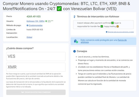 pestaña de transaccion de compra en localmonero