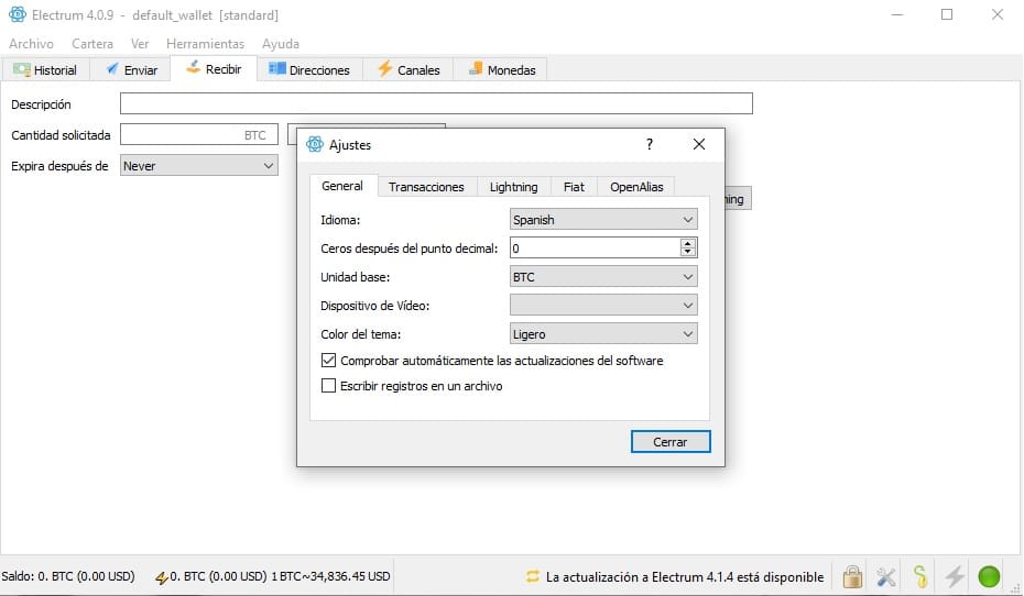 Ajustes de la wallet Electrum