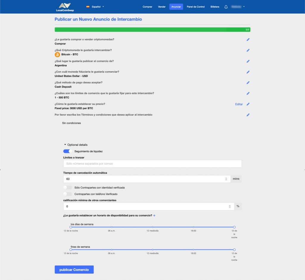 Publicar un anuncio en LocalCoinSwap.