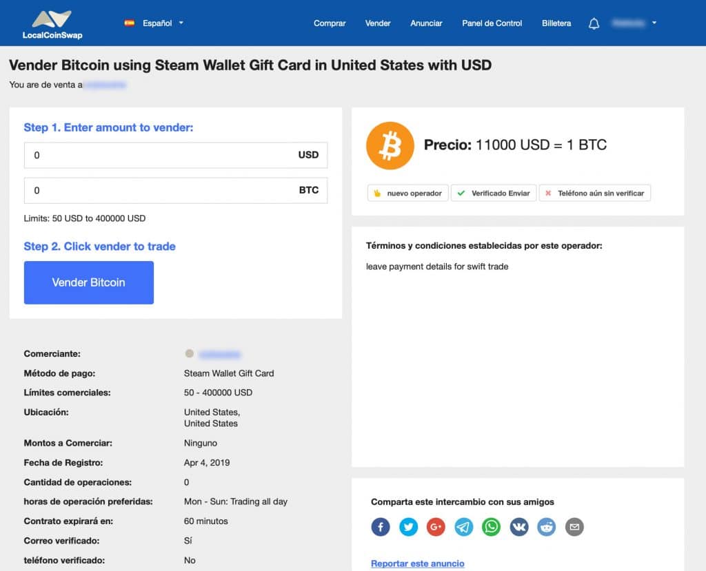 Ejemplo de anuncio de venta de bitcoin en LocalCoinSwap.