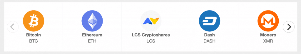 Carrusel de criptoactivos disponibles para transacciones en LCS.