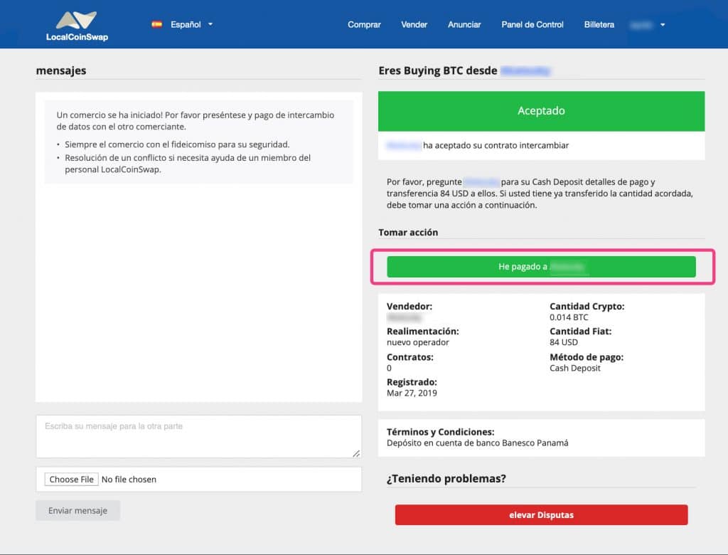 Pantalla de compra de bitcoins en LocalCoinSwap.