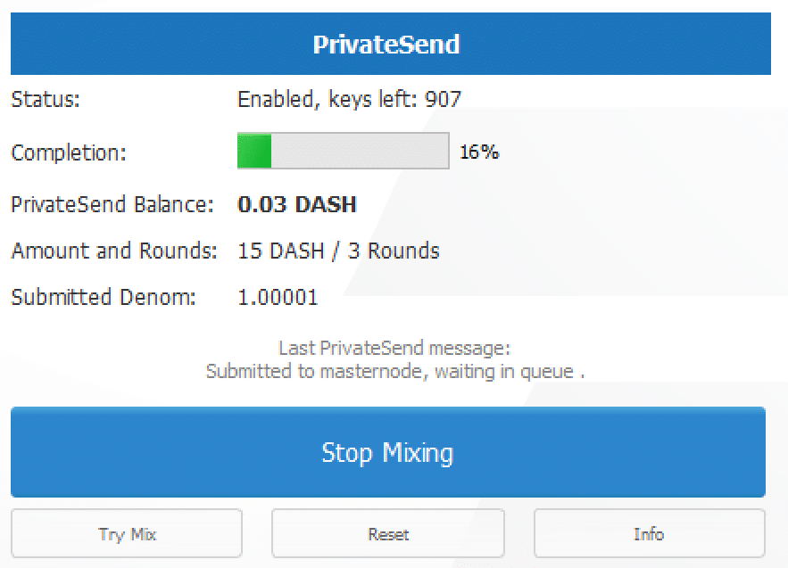 PrivateSend Progreso Dash Criptomoneda