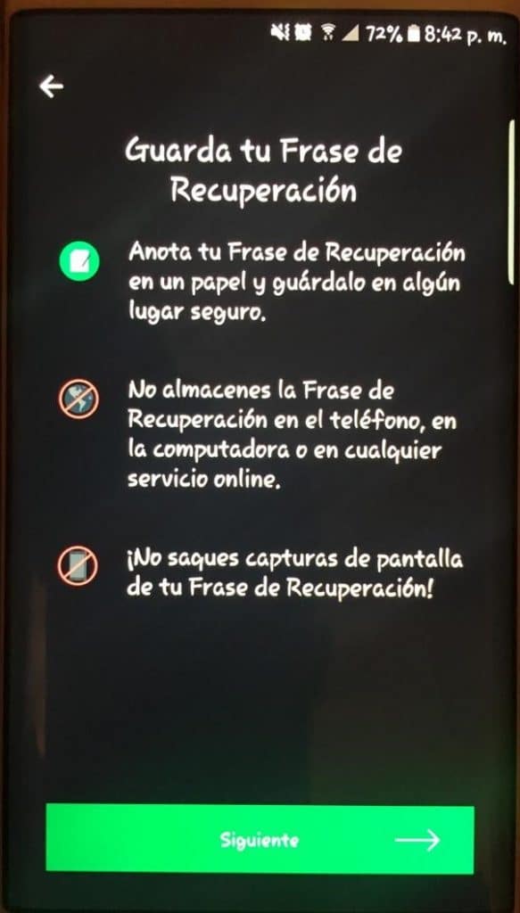 Sugerencias para proteger la frase de seguridad en Green Wallet