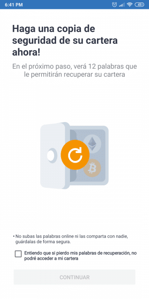 Verificación para realizar copia de seguridad de la cartera Trust Wallet