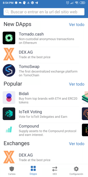 Listado de dapps en la cartera Trust Wallet