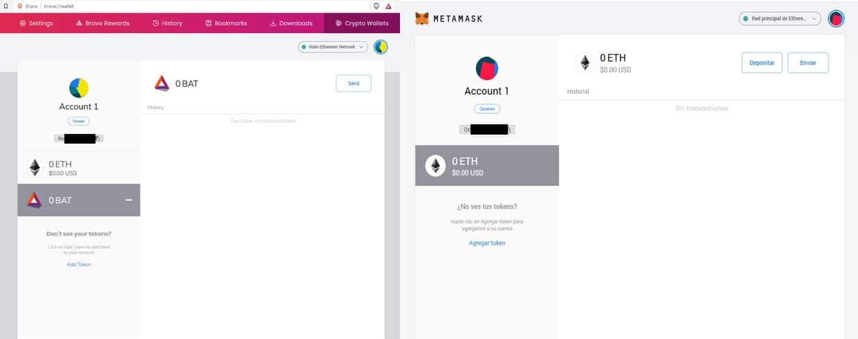 Pantallas de inicio de Crypto Wallets (izquierda) y MetaMask (derecha). Fuente: Capturas de pantalla de ambos monederos.