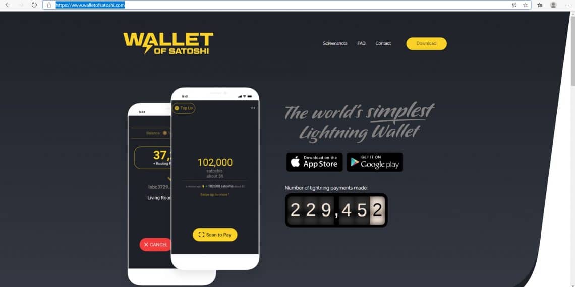 Portal principal de de Wallet of Satoshi. Fuente: Wallet of Satoshi.