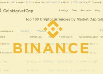 Página inicial de CoinMarketCap con logo de Binance superpuesto. Imágenes por Binance y CoinMarketCap.