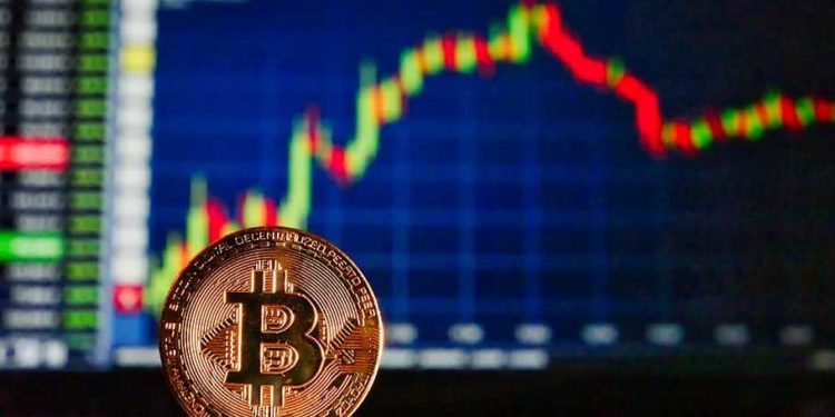 Bitcoin con gráfico de trading al fondo. Imagen por pxfuel.com