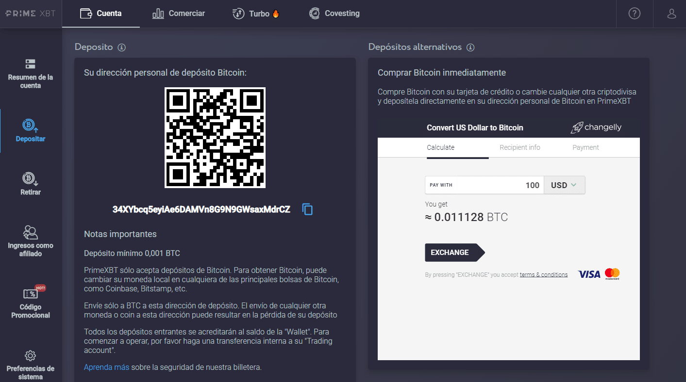 Depositar bitcoin en PrimeXBT