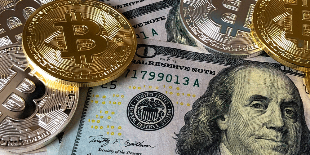 Dólares y monedas bitcoin en una mesa. Fuente: David McBee/ Pexels.com