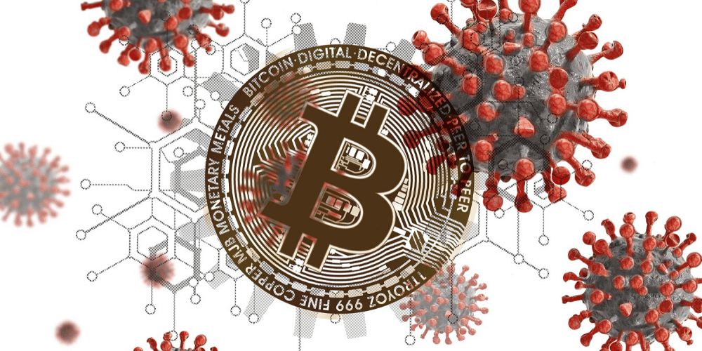 Un bitcoin entre coronavirus. Fuente: Geralt/ Pixabay.com