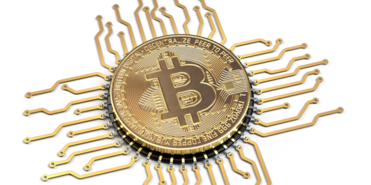 Bitcoin conectado a una computadora. Fuente: maxxyustas/ Envato Elements.