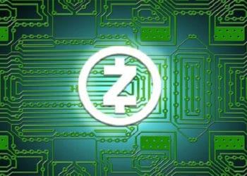 Logo de Zcash sobre esquema de circuito integrado. Fuente: hashgains.com