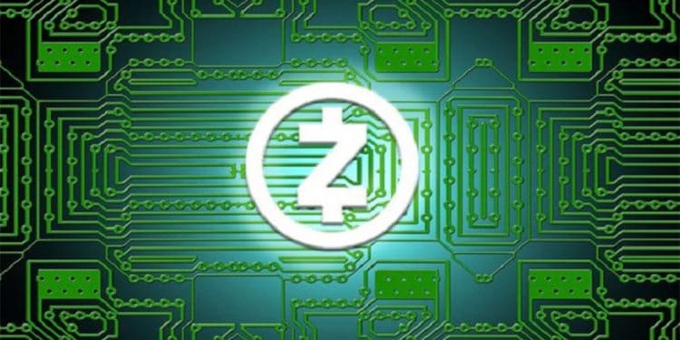Logo de Zcash sobre esquema de circuito integrado. Fuente: hashgains.com