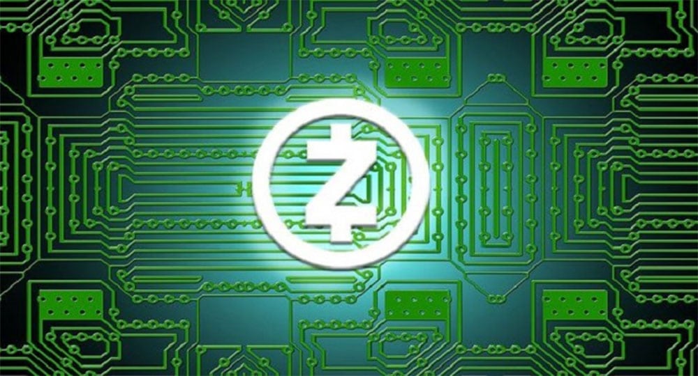 Logo de Zcash sobre esquema de circuito integrado. Fuente: hashgains.com