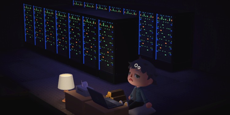 Un personaje del juego Animal Crossing sentado frente a una computadora y máquinas de minería. Fuente: Sthollis/ Reddit.