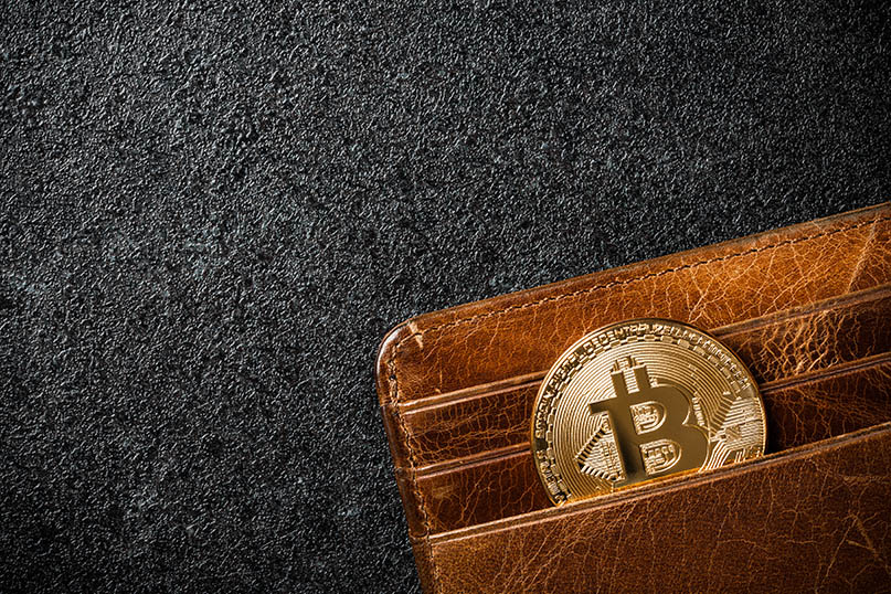 Moneda con el logo de bitcocin colocada dentro de una billetera de cuero. Fuente: ff-photo/Envato Elements